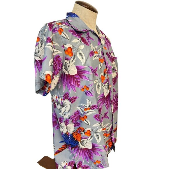 King Kameha Vintage Purple Floral & Parrot Print Short Sleeve Medium - Picture 2 of 7